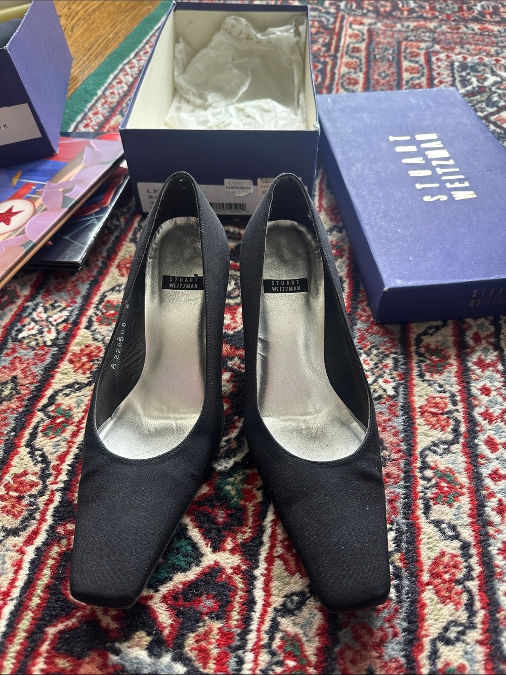Stuart Weitzman Black Square-Toe Satin Pumps